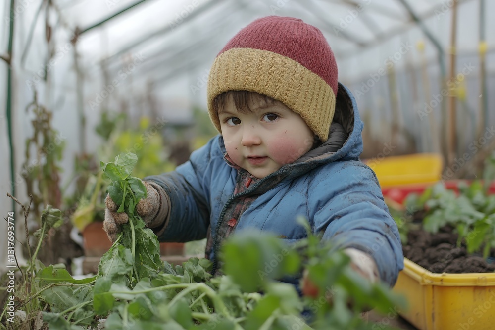 Little farmer harvesting fresh vegetables in greenhouse: cultivating a green future Little farmer harvesting fresh vegetables in greenhouse: cultivating a green future