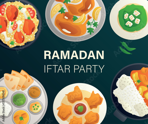 Ramadan Iftar party dishes with traditional food in plates. Fried chicken, rice, Curry. Soup and snacks. Flat design for festive invitations, menu on dark background. Bright color. Vector illustration