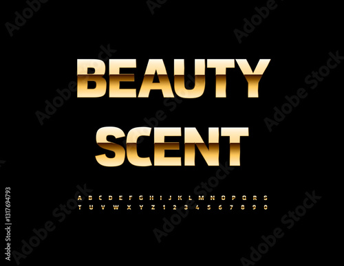 Vector Elegant logo Beauty Scent. Gold Gglamour Font. Shiny Stylish Alphabet Letters and Numbers set