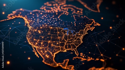 Digital Network: A captivating digital representation of North America, showcasing a complex network of interconnected data points and luminous lines.