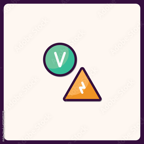 Stylized safety icons depicting voltage warning and acceptable voltage levels