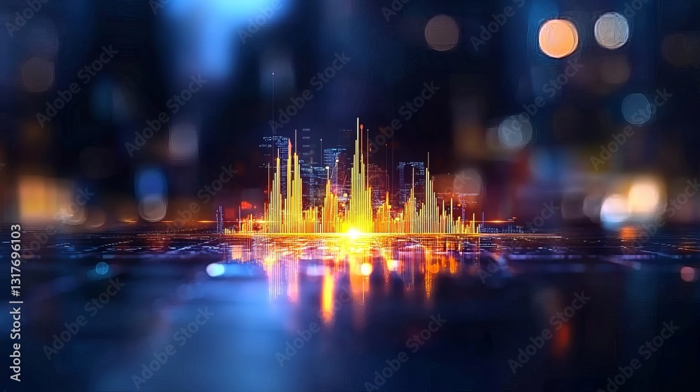Fototapeta premium Abstract digital city skyline with vibrant soundwave patterns in orange and yellow tones.