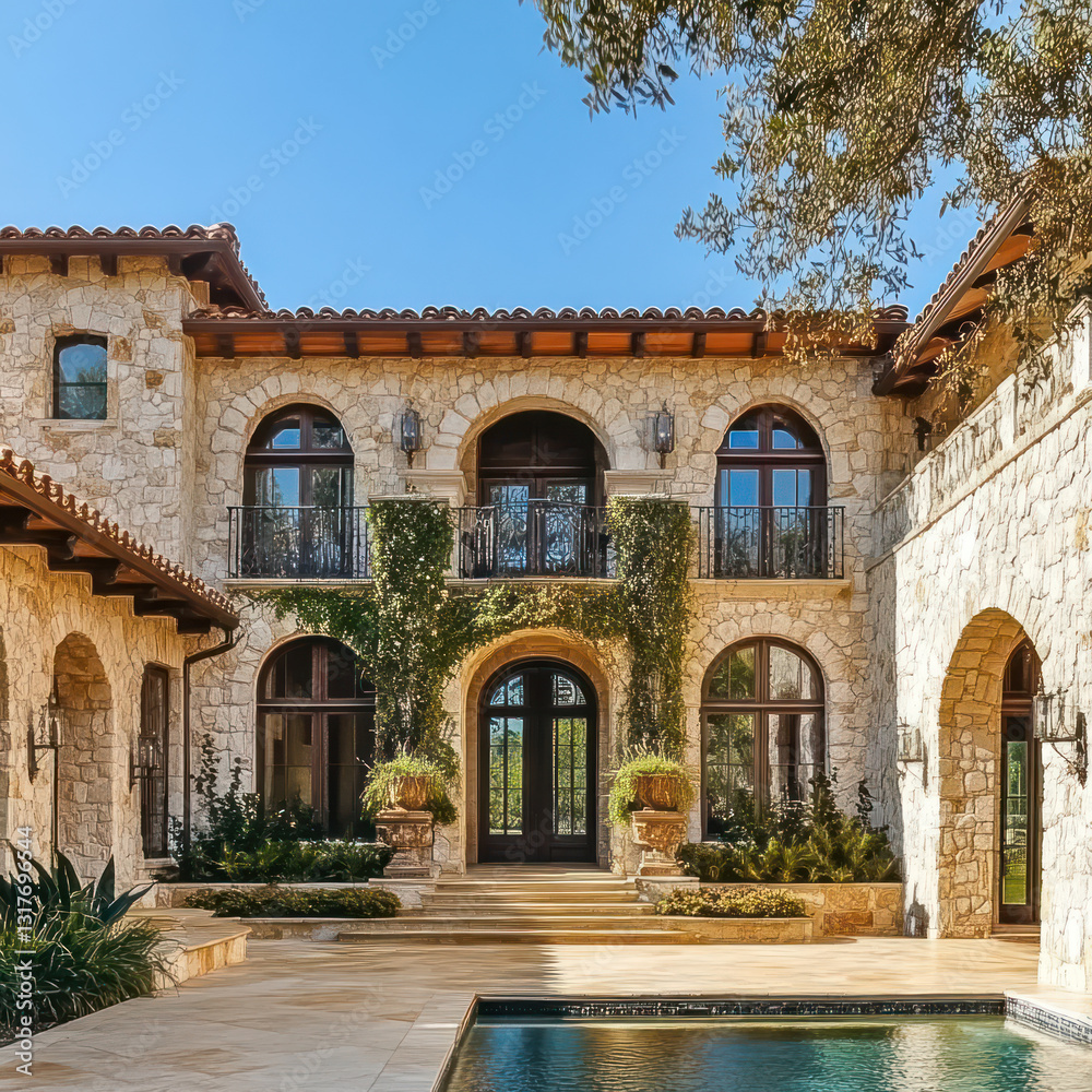Luxurious Mediterranean style villa with stone exterior, lush greenery, and elegant architecture. pool area complements stunning design, creating serene outdoor space Luxurious Mediterranean style villa with stone exterior, lush greenery, and elegant architecture. pool area complements stunning design, creating serene outdoor space