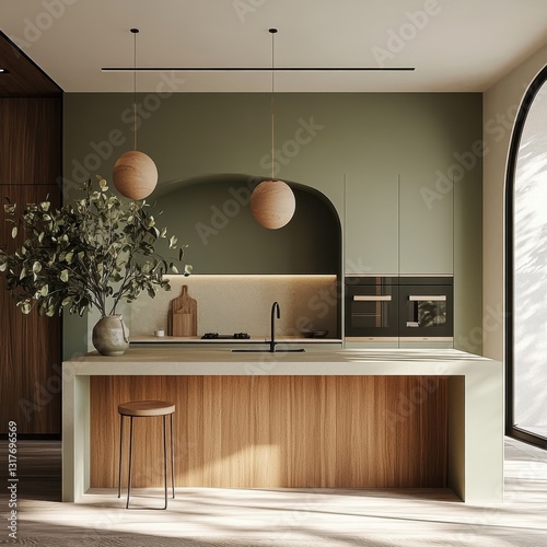 Modern kitchen interior showcases design elements with wooden accents and stylish decor