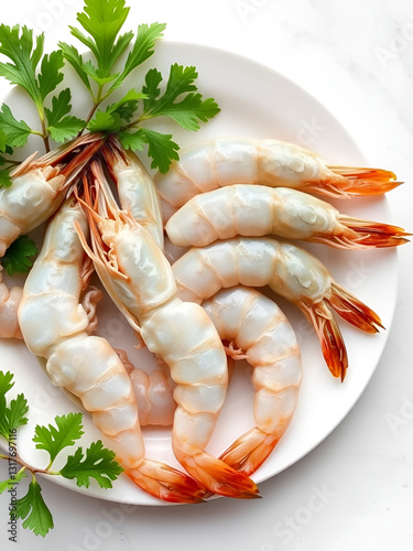 Top view of raw fresh headless shrimp tails or prawns, uncooked jumbo seafood on a white plate, light background