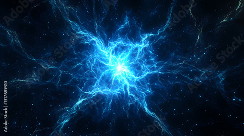 Intense blue electrical energy bursts forth, radiating outwards in a fractal pattern against a pitch-black background. the glowing light resembles a cosmic event. Mystic Luminescence. Illustration