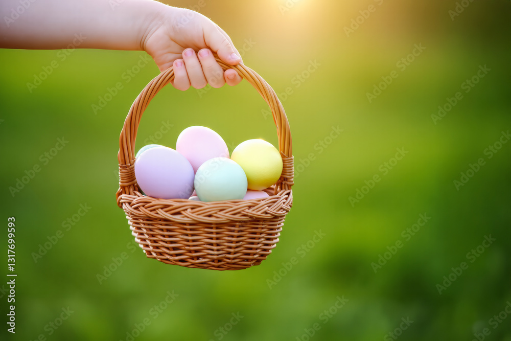 Kid holding wicker basket with colorful easter eggs in spring garden during sunset Kid holding wicker basket with colorful easter eggs in spring garden during sunset