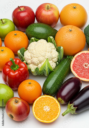 set of different fruits and vegetables on white background