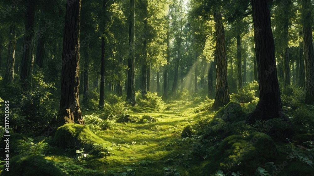 Obraz premium Sunlit Forest Path, A Mystical Walk Through Nature's Embrace