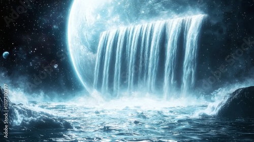 a captivating view of a luminous waterfall cascading down in front of a giant blue planet, creating a surreal cosmic landscape 