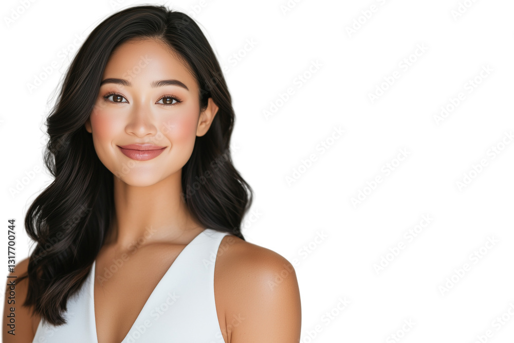 Young Filipino woman with long black hair smiling and looking at camera Young Filipino woman with long black hair smiling and looking at camera