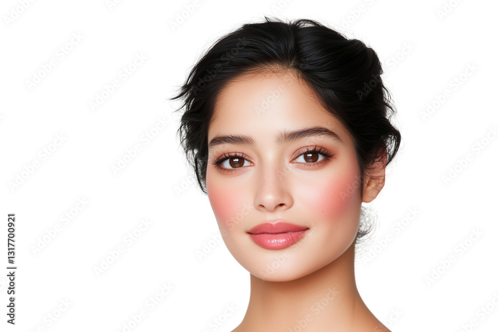 Obraz premium Close-up portrait of a young woman with natural makeup, soft smile, and glowing skin, with soft, loose hair, isolated on a white background