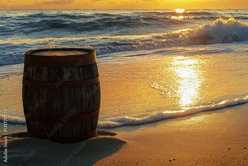 Barrel on beach. Sunlight shines on waves near wooden barrel by ocean Barrel on beach. Sunlight shines on waves near wooden barrel by ocean