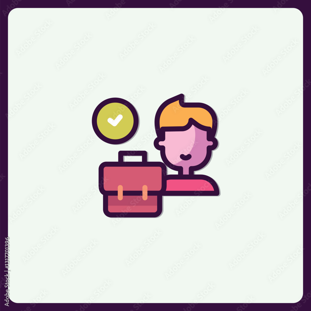 Finished task icon showing a person with briefcase and a check mark circle Finished task icon showing a person with briefcase and a check mark circle