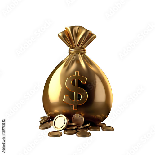 3D glossy money bag icon, gold and silver toned, coins spilling out, Isolated on a transparent PNG background