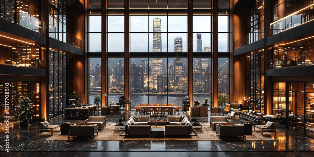 Luxury city lobby with panoramic views Luxury city lobby with panoramic views