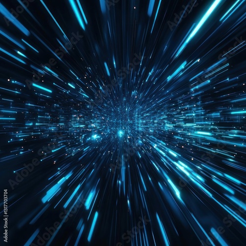 Speeding blue light streaks through dark space, abstract and futuristic