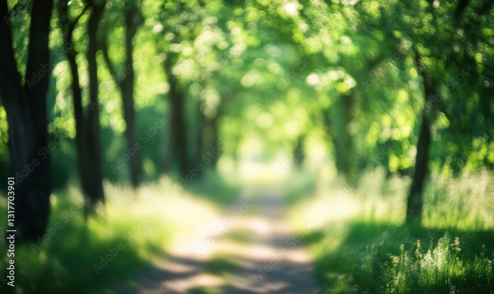 Walking Down Blurred Path Through Trees with Sunlit Greenery Landscape Walking Down Blurred Path Through Trees with Sunlit Greenery Landscape