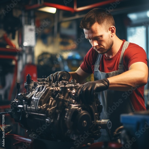 Auto mechanic at work, repairing car, engine. Generative AI