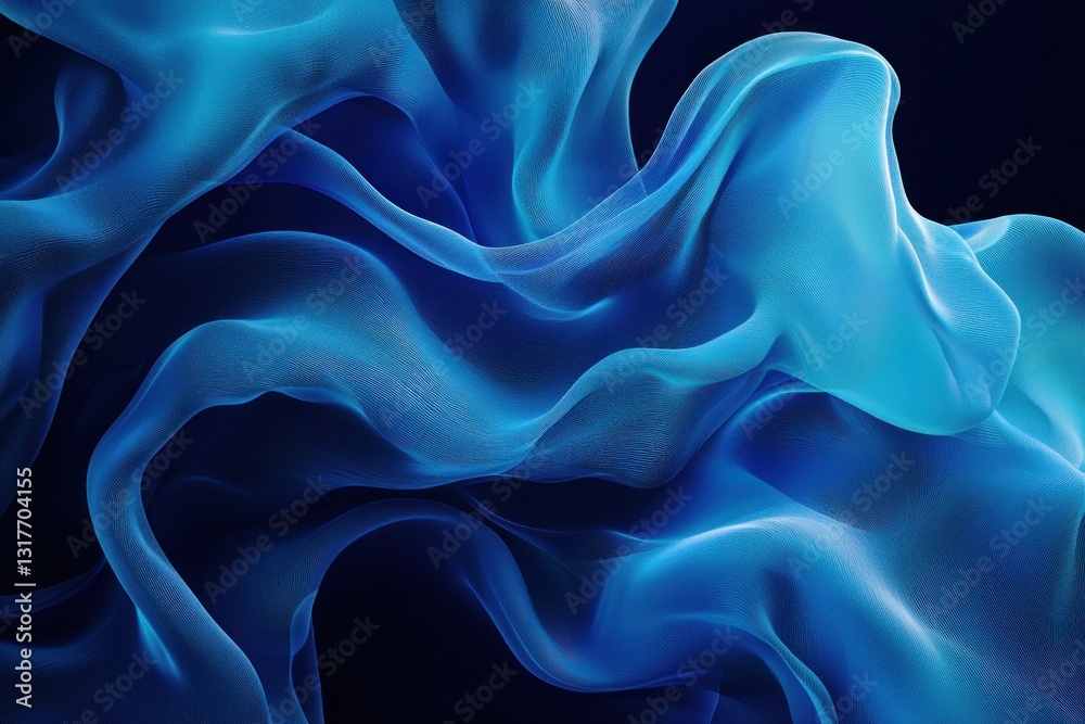 Fototapeta premium Flowing cyan fabric on dark background with wavy, rippling, and translucent features