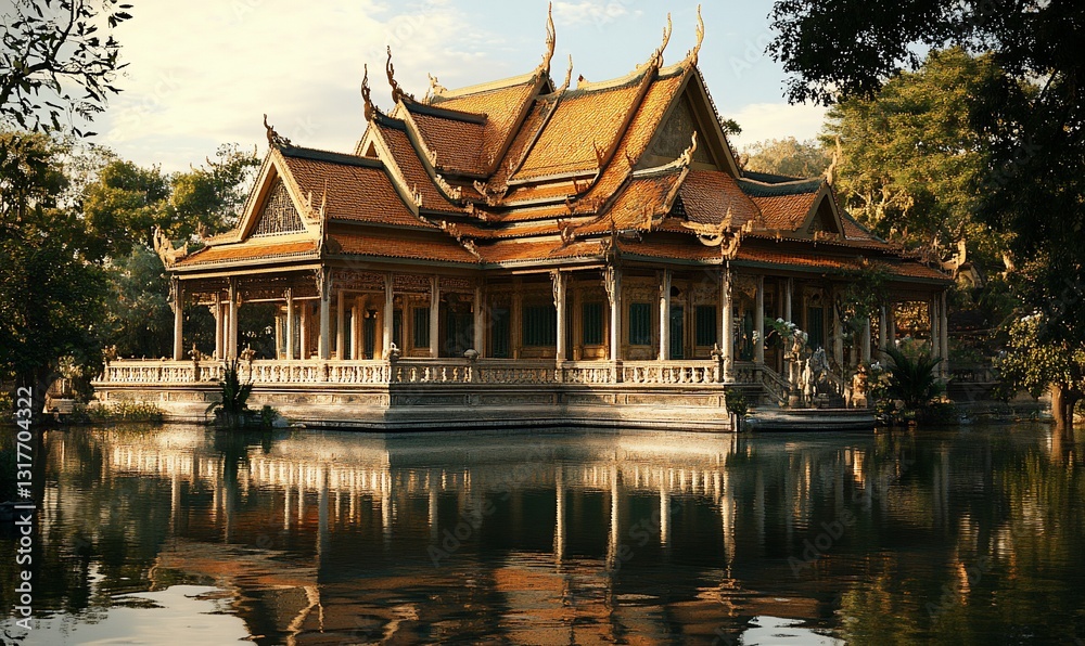 Fototapeta premium Golden temple on lake, trees, sunset, peaceful