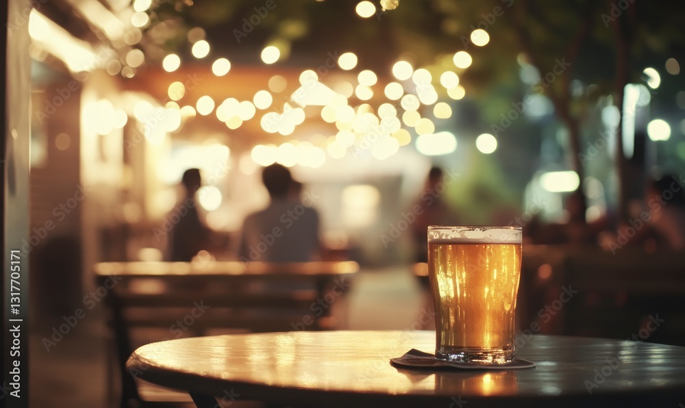 Enjoying Cold Beer at Outdoor Cafe with String Lights Ambiance Enjoying Cold Beer at Outdoor Cafe with String Lights Ambiance