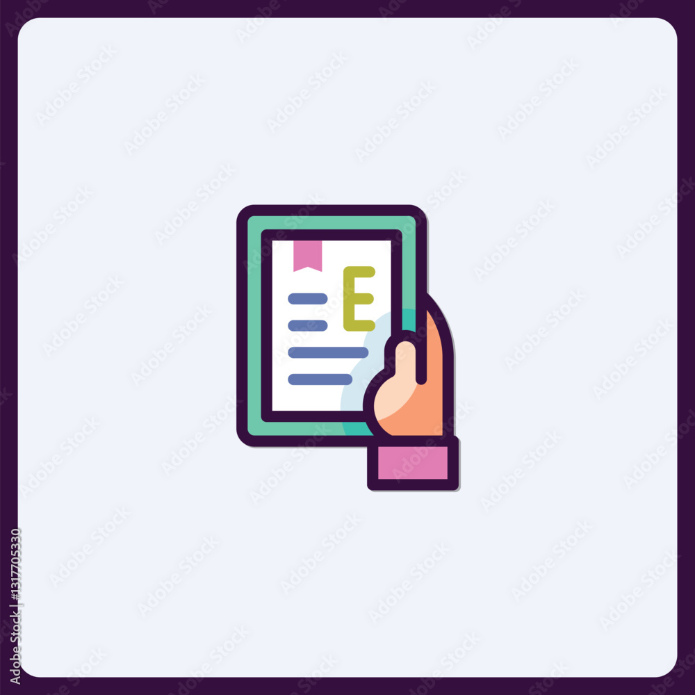 Stylized hand holding electronic document with an E, representing technology Stylized hand holding electronic document with an E, representing technology
