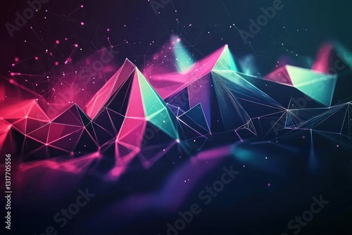 Geometric abstract. Vivid, connected polygons create depth with a neon lit, vibrant modern design