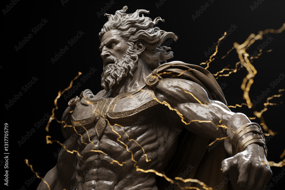 Fototapeta premium Zeus, King of the Greek Gods, God of Thunder and Lightning, Ancient Greek Mythology, Powerful Ruler of Mount Olympus, Symbol of Divine Authority and Justice in Greek Legends and Mythological Art.