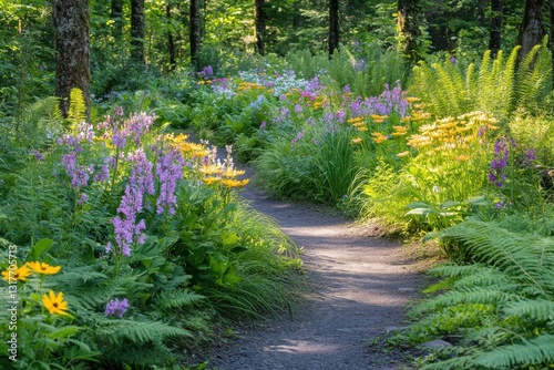 A serene forest path lined with ferns and wildflowers