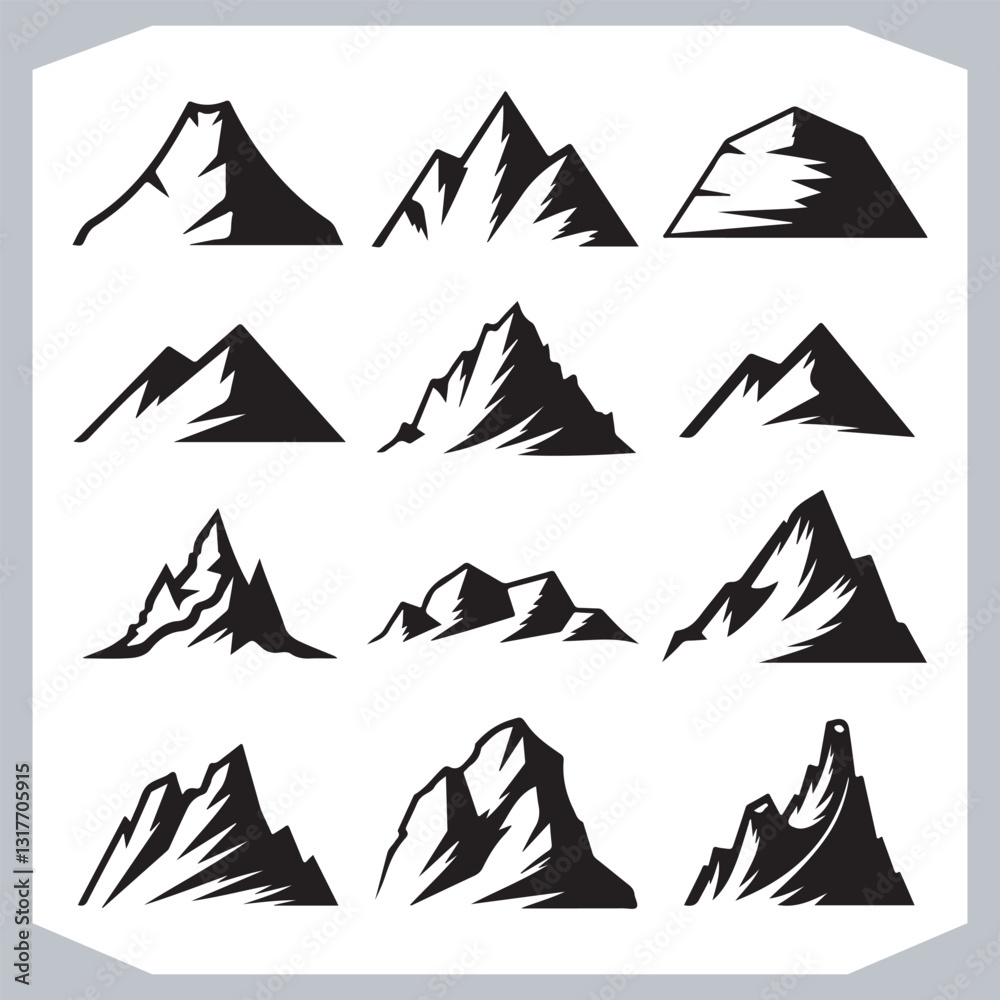 Black and White Retro Mountain Silhouettes Artistic Hand Drawn Design
