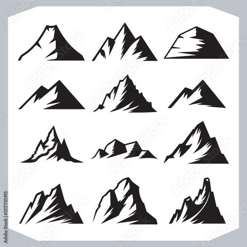 Black and White Retro Mountain Silhouettes Artistic Hand Drawn Design