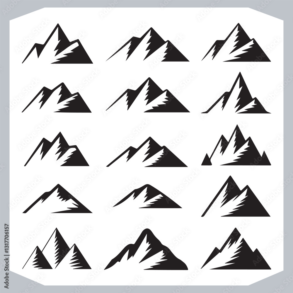 Black and White Retro Mountain Silhouettes Artistic Hand Drawn Design