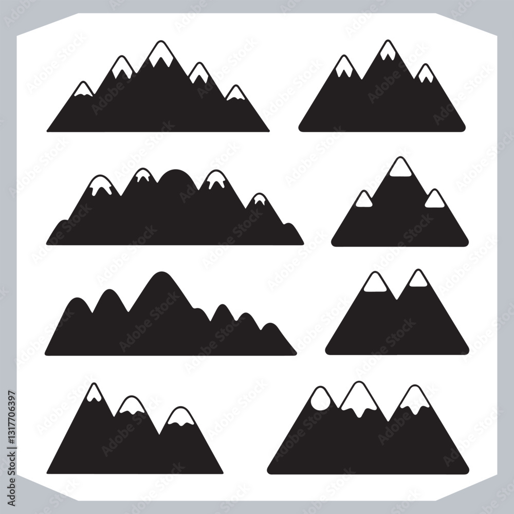 Black and White Retro Mountain Silhouettes Artistic Hand Drawn Design