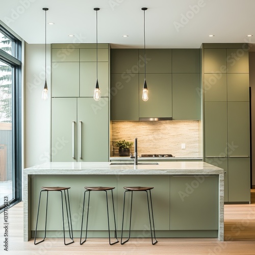 Modern kitchen design featuring cabinetry island lighting and stools