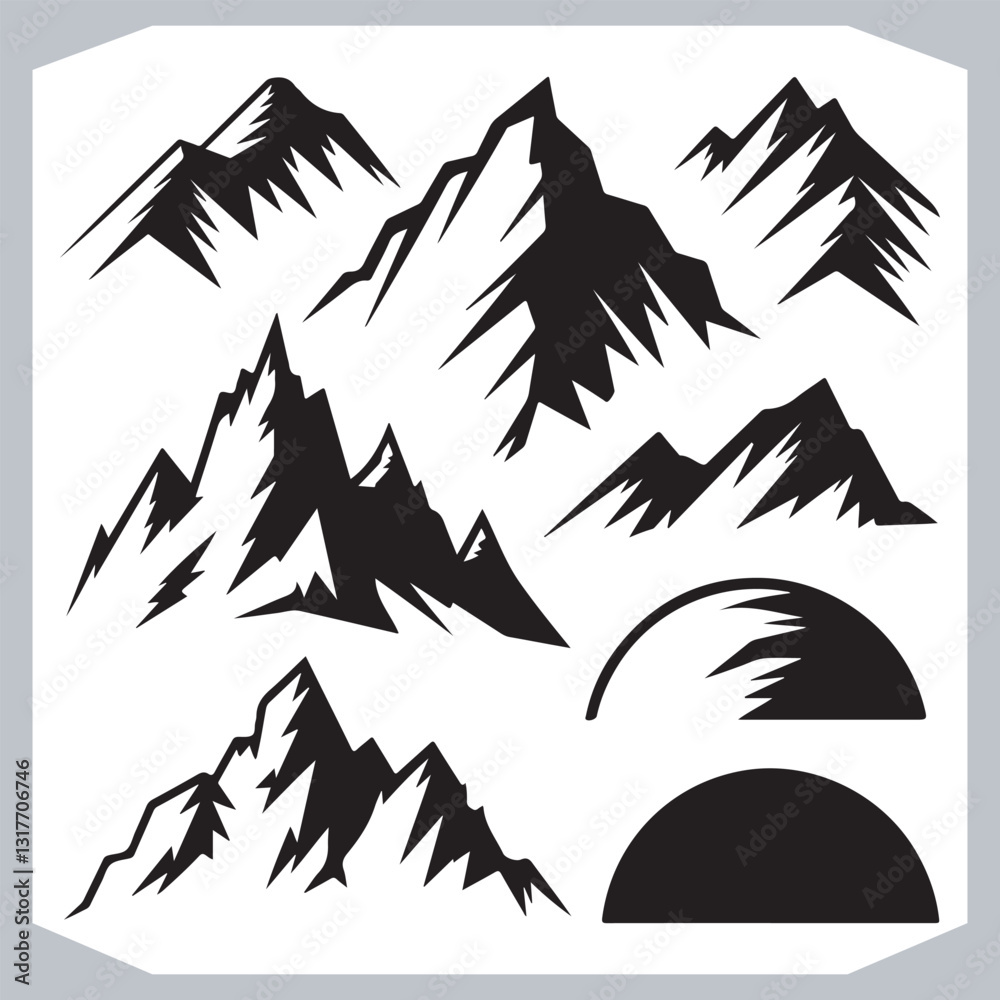 Black and White Retro Mountain Silhouettes Artistic Hand Drawn Design
