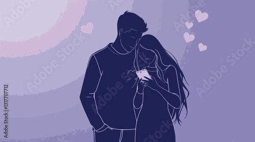 Outline illustration of a couple texting love messages digital romance concept vector art