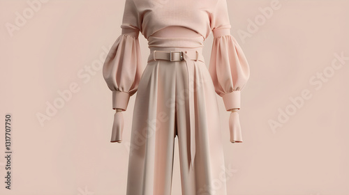Elegant Pastel Pink Two-Piece Outfit - High-Waisted Wide-Leg Trousers and Thumb-holed Crop Top