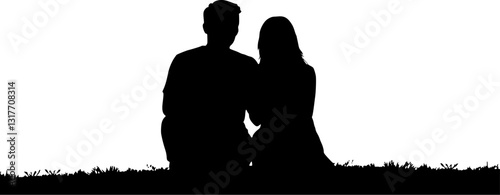 Outline illustration of a couple sitting together romantic sunset love scene vector art
