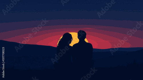Outline illustration of a couple sitting together romantic sunset love scene vector art