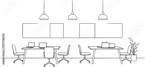 Outline of a coworking lounge with open desks and seating simple vector illustration.