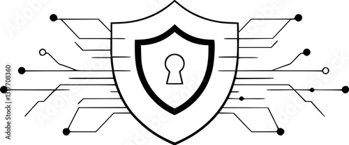 Outline illustration of a cybersecurity shield minimal data protection vector art.