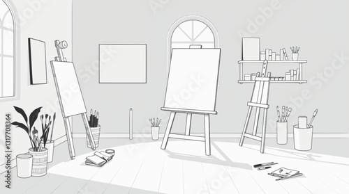 Outline of an artist’s studio with easel and paintbrushes elegant vector illustration.