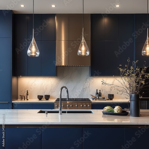 A modern luxury kitchen showcasing the cooking and dining area
