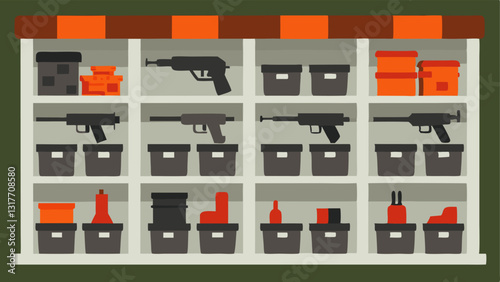Storage Bins Shelves filled with clear storage bins each labeled to indicate the contents various firearms and edged weapons secured and organized.