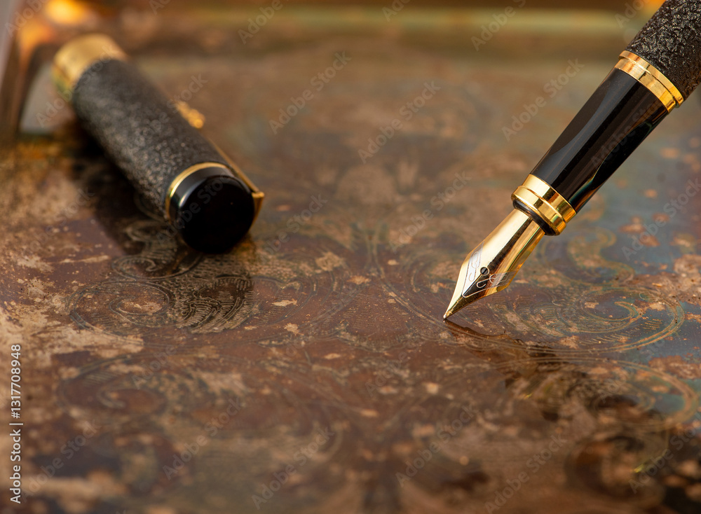 Fountain pen, beautiful fountain pen on an old metal surface with beautiful embossed ornaments, selective focus. Fountain pen, beautiful fountain pen on an old metal surface with beautiful embossed ornaments, selective focus.