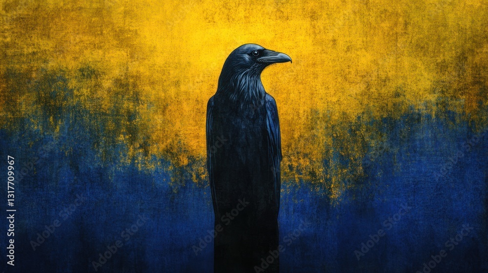 Fototapeta premium Raven Watercolor Painting with Vibrant Blue and Yellow Background