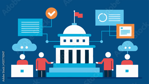 Public Administration Shift A government office with civil servants working on paperwork on one side contrasted with an AI system processing forms and applications digitally