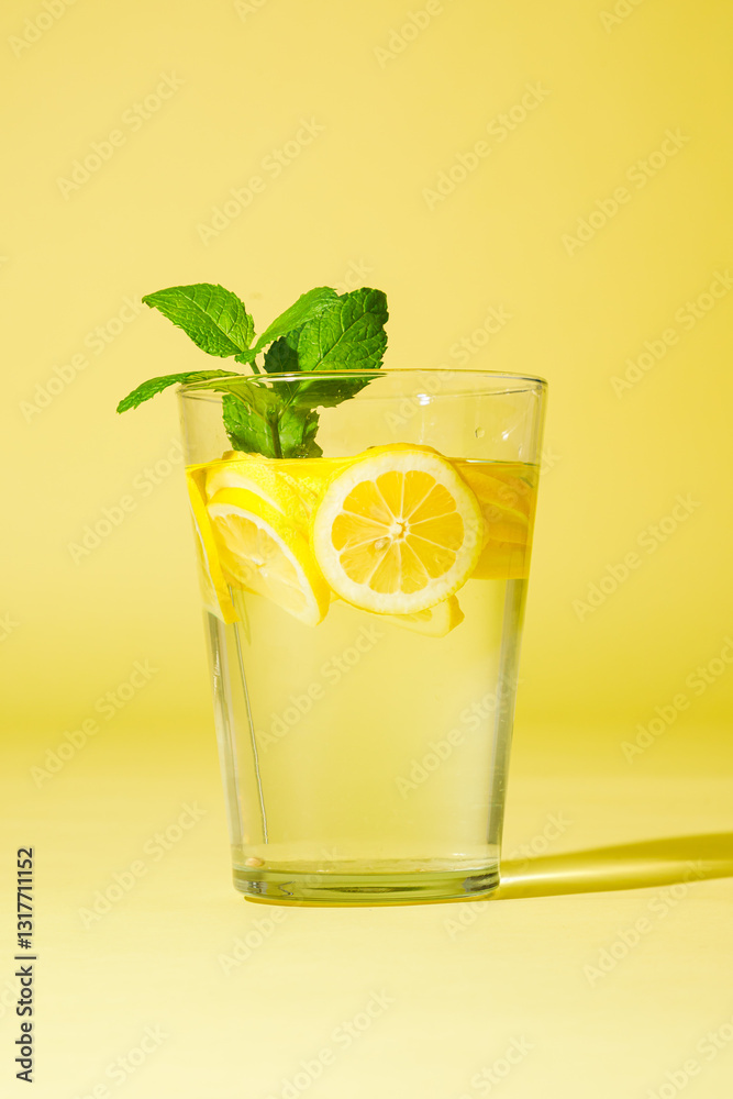 Glass of lemonade with mint against yellow background.