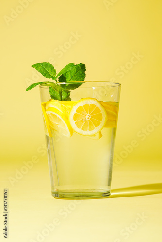 Obraz na płótnie Glass of lemonade with mint against yellow background. w salonie